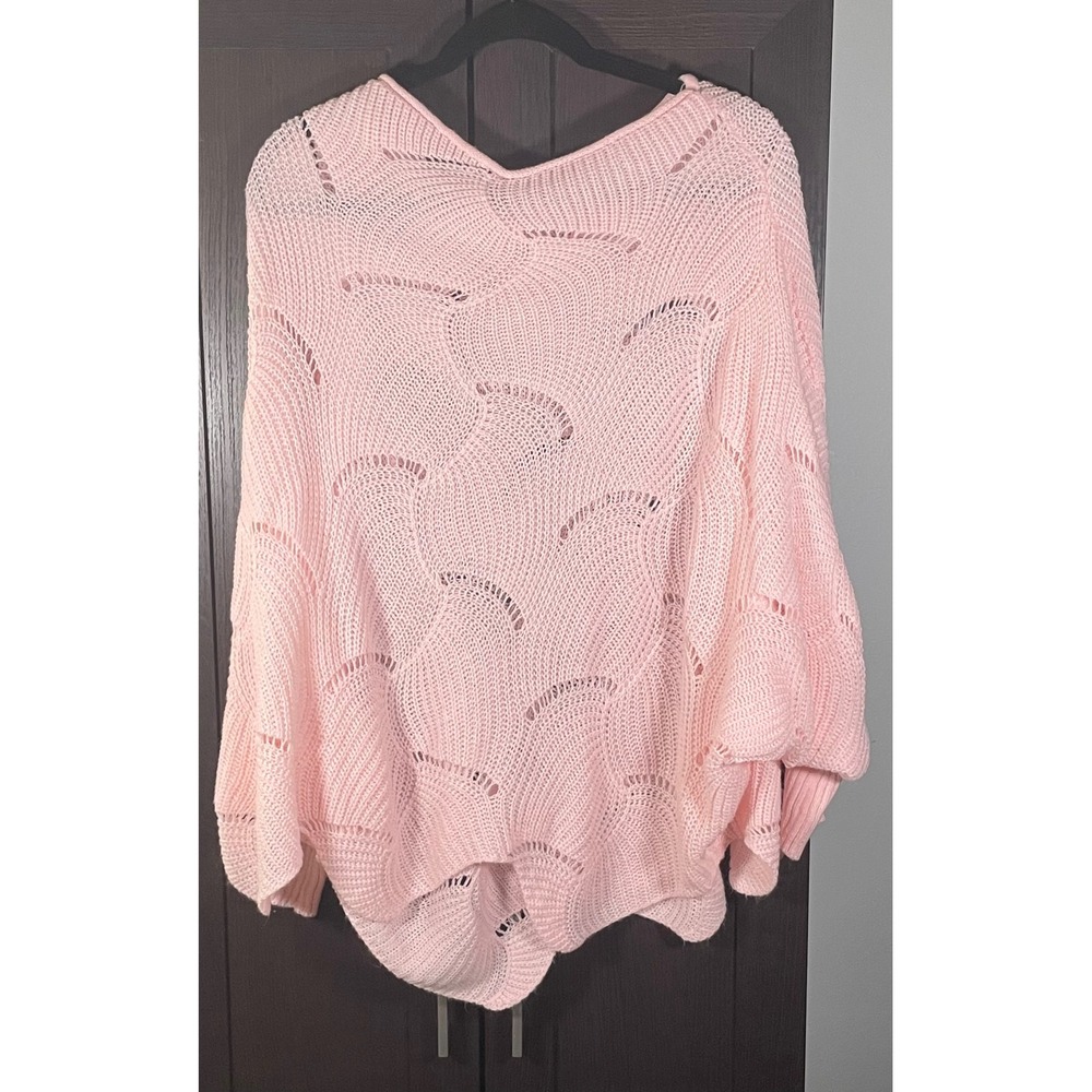 Womens Light Pink Batwing Open Knit V-Neck Scalloped Hem Pointelle Sweater - Picture 2 of 6